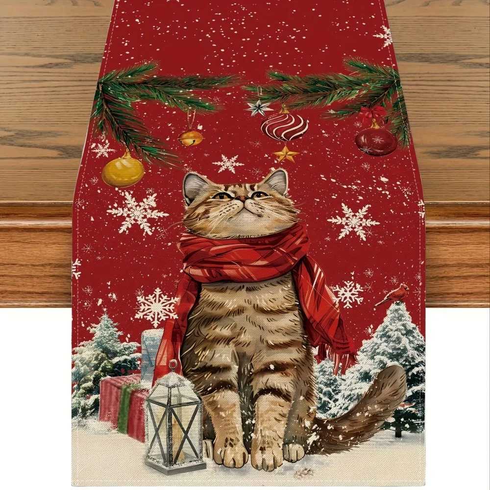 Christmas Christmas Cat Table Runner - 1pc Rectangle Table Flag with Snowflake Holly and Xmas Balls Pattern for Kitchen Dining Decor Y251113