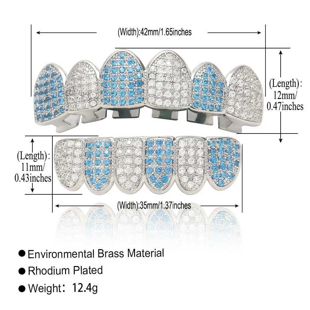 Ailodo Hip Hop Teen Grillz for men and women sparkling white blue cubic zirconia ice out grill a Christmas gift for your teethXJ250412