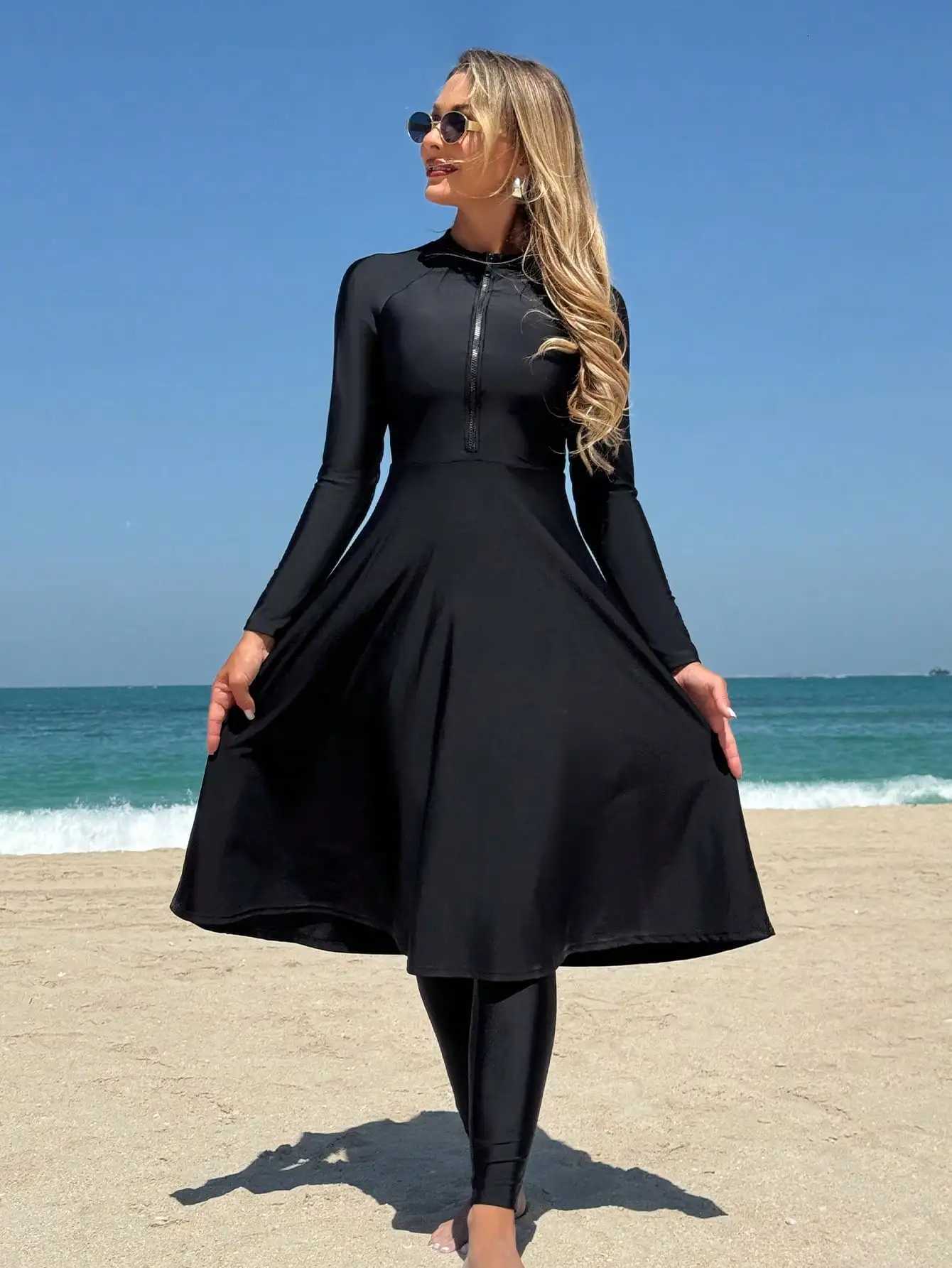 Elegant Black Womens Flesh-Covering Slimming Zipper Long-Sleeved Dress Pants Seaside Sun Protection Swimsuit Beach SuitW251113