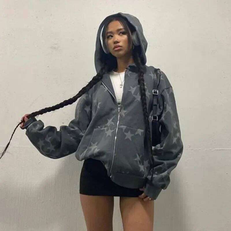 Autumn Y2k Printe Star Graphic Zip Up Oversized Sweatshirt Goth Hoodie Men Women Grunge Hooded Jacket Streetwear Letter Clothing
