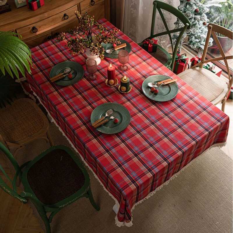 Christmas Buffalo Checked Tassel Tablecloth Rectangle Plaid Polyester Table Covers Holiday Picnic Kitchen Dining Room Christmas Decoration Y251113
