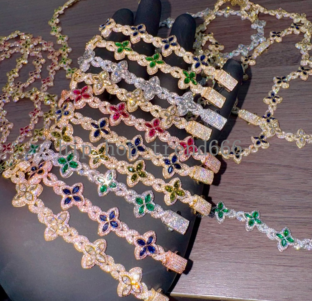 Hot Selling 15MM 925 Sterling Silver Cuban Clover Bracelets Iced Out Hip Hop Infinity Colored Moissanite Cuban Bracelet