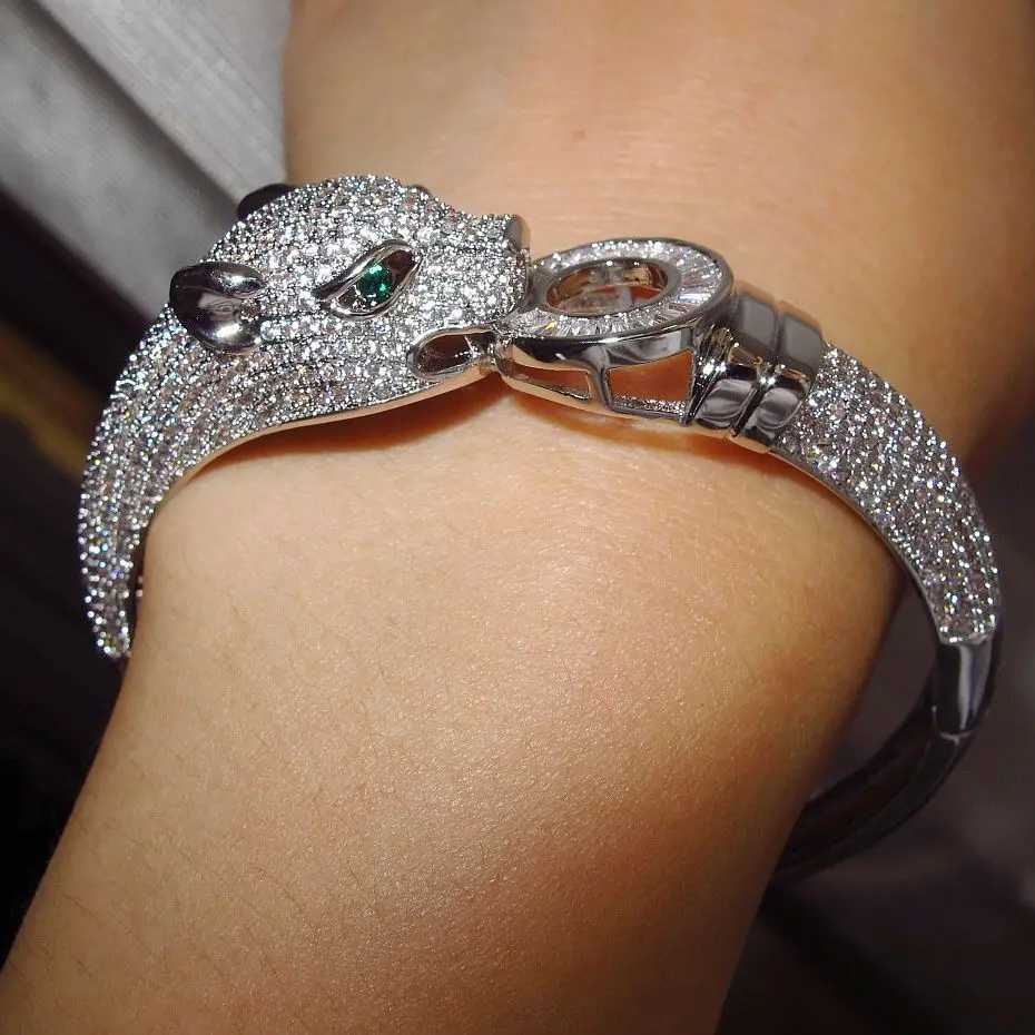 Leopard head AAA Cubic Zirconia Stone paved Animal Panther bangle for Women designer copper jewelryW251112