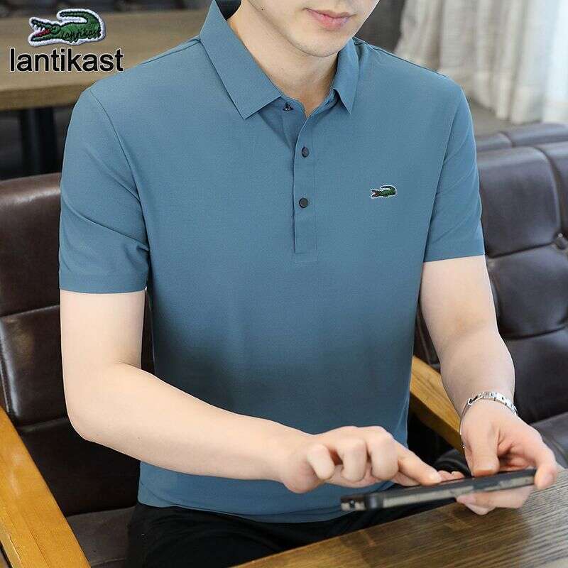 Noble Crocodile 2025 designer handbag New Polo Shirt Men's Short Sleeve High-end LANTI KAST Trendy Ice Silk Loose Turn-down Collar Striped Busine