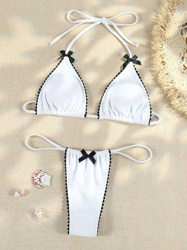 Micro Bowknot Bikinis Set for Women Patchwork Swimsuit Summer Beach Wear White Thong Swimwear Swimming Bathing Suit 2025W251113