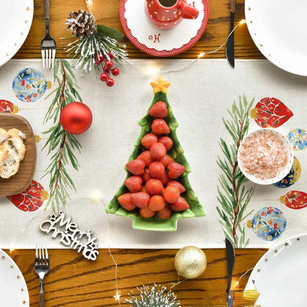 Christmas Christmas Watercolor Nutcrackers Xmas Balls Linen Table Runners Dresser Scarf Decor Farmhouse Dining Table Runners Xmas Decor Y251113