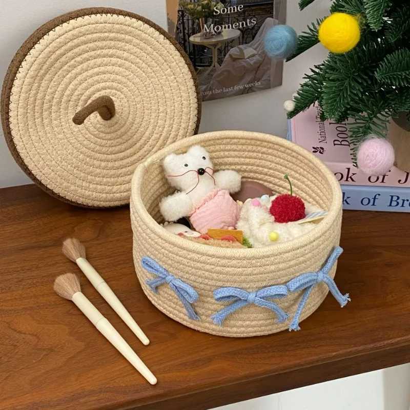 1PCS Cotton Rope Storage Basket with Lid Non-Woven Fabric Dustproof Decorative Organizer for He Desktop Bathro Y251112