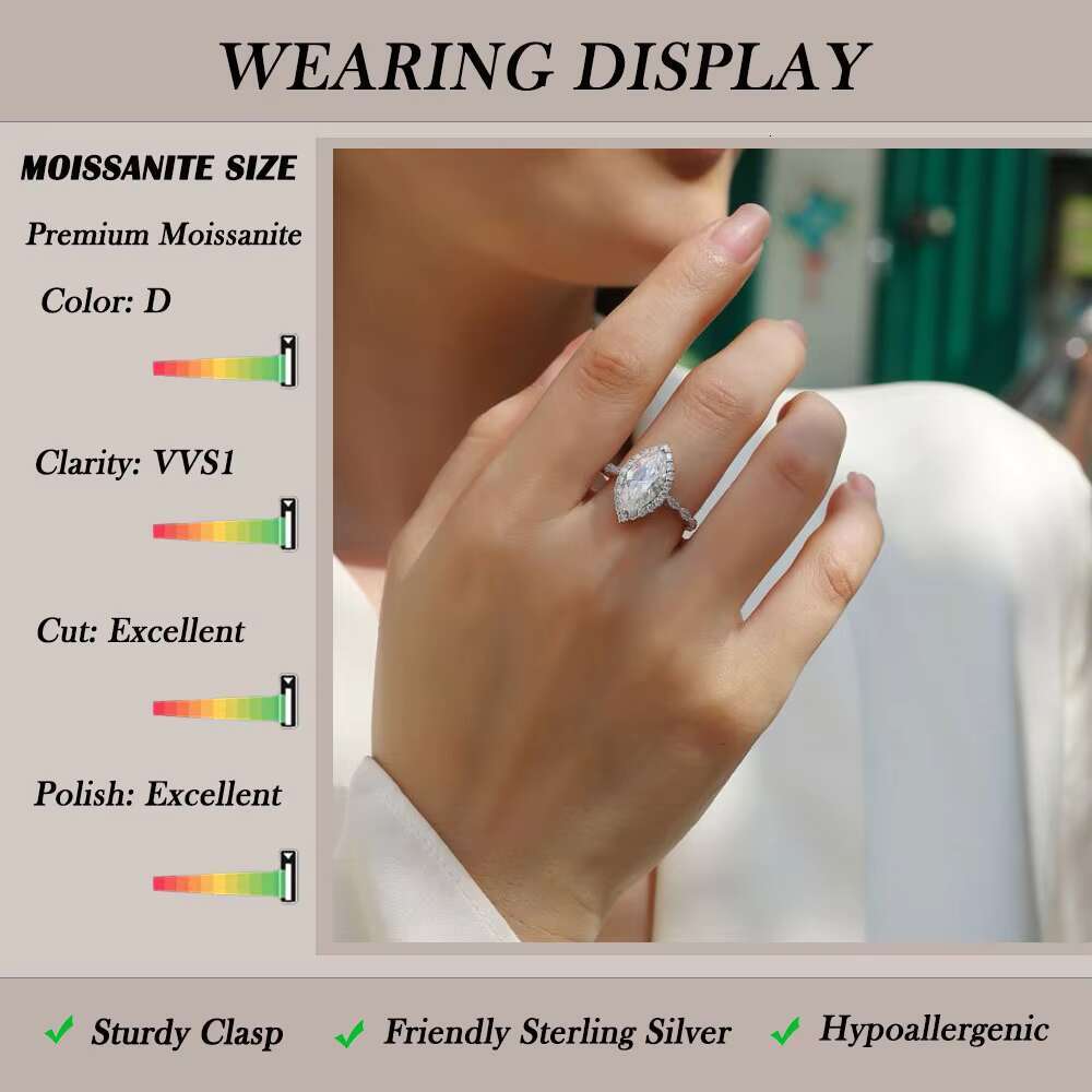Marquise Cut Moissanite Rings for Women D Color VVS1 S925 Sterling Silver With 18K Gold Plating Elegant Jewelry
