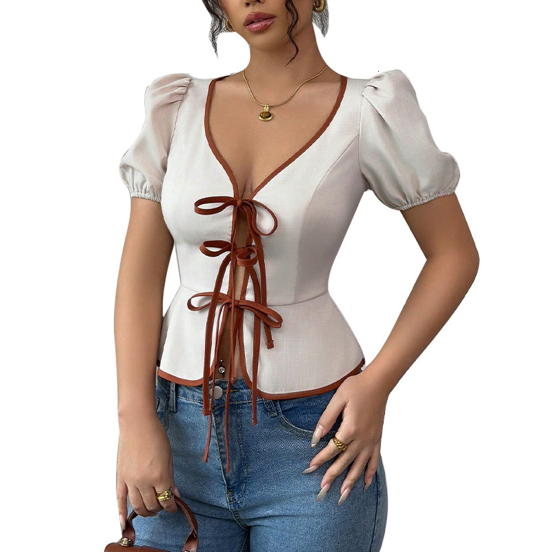 Spicy womens clothing 2025 summer new style lace up shirt slim fit polyester top
