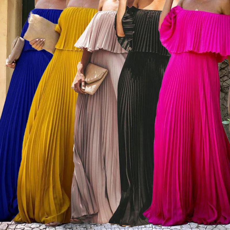 2025 New Womens Long Skirt Sexy Off Shoulder One Shoulder Pleated Chiffon Evening Dress
