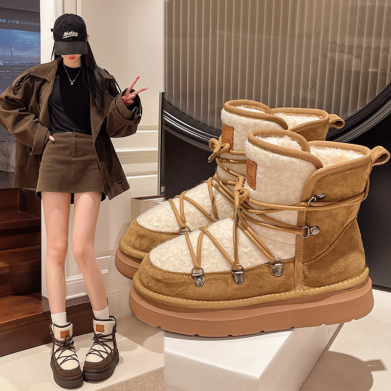 Designer Genuine Leather Thick-Soled Snow Winter Fleece-Lined Thickened Warm Cotton Shoes Non-Slip MOON Moon Boots for Women