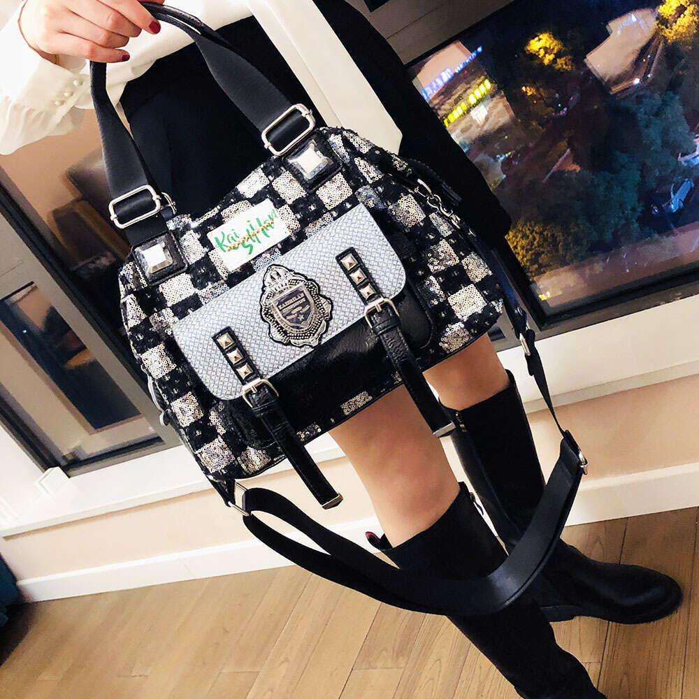 Backpack Kuerduo denim sequin for women new trendy large capacity rivet handbag versatile shoulder bag