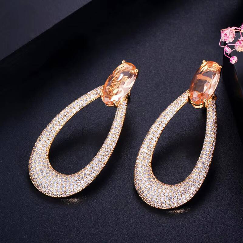 Hot Selling High-End AAA Zircon Gold Charm Geometric Drop Hollow Ear Jewelry Trendy Brass Hoop Earrings for Parties Gift
