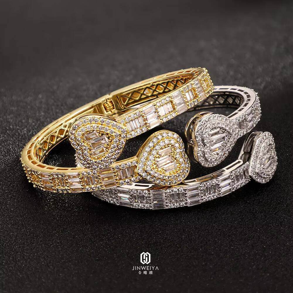 JWY Jewelry Hip Hop Moissanite Cuban Bracelet for Men Women Geometric Heart Spring Buckle Link Chain Soft Bracelet