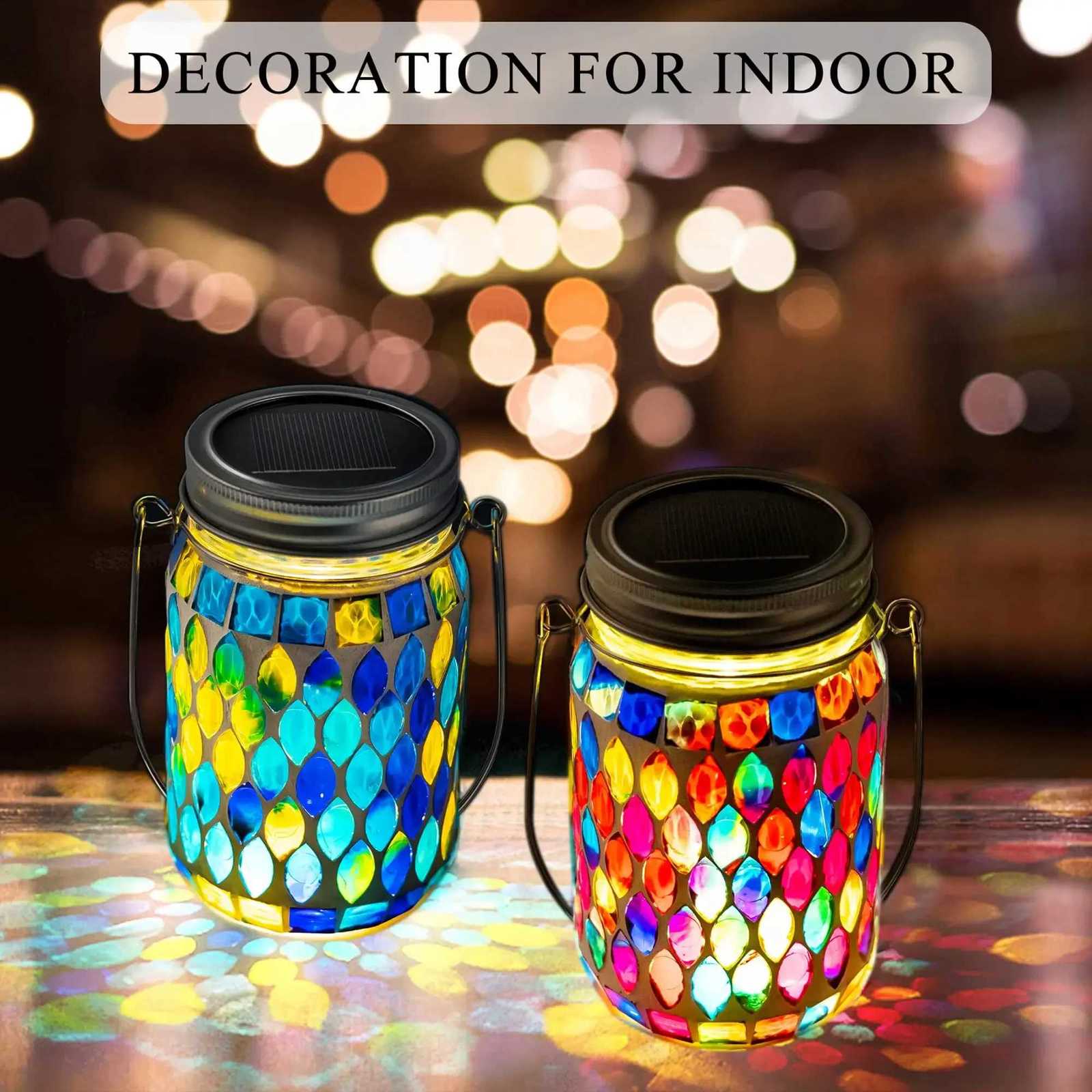 Solar Mosaic Lantern Hanging Mason Jar Glass Lights Outdoor Waterproof Table Lamp Decoration for Garden Patio Party Yard Balcony M251113