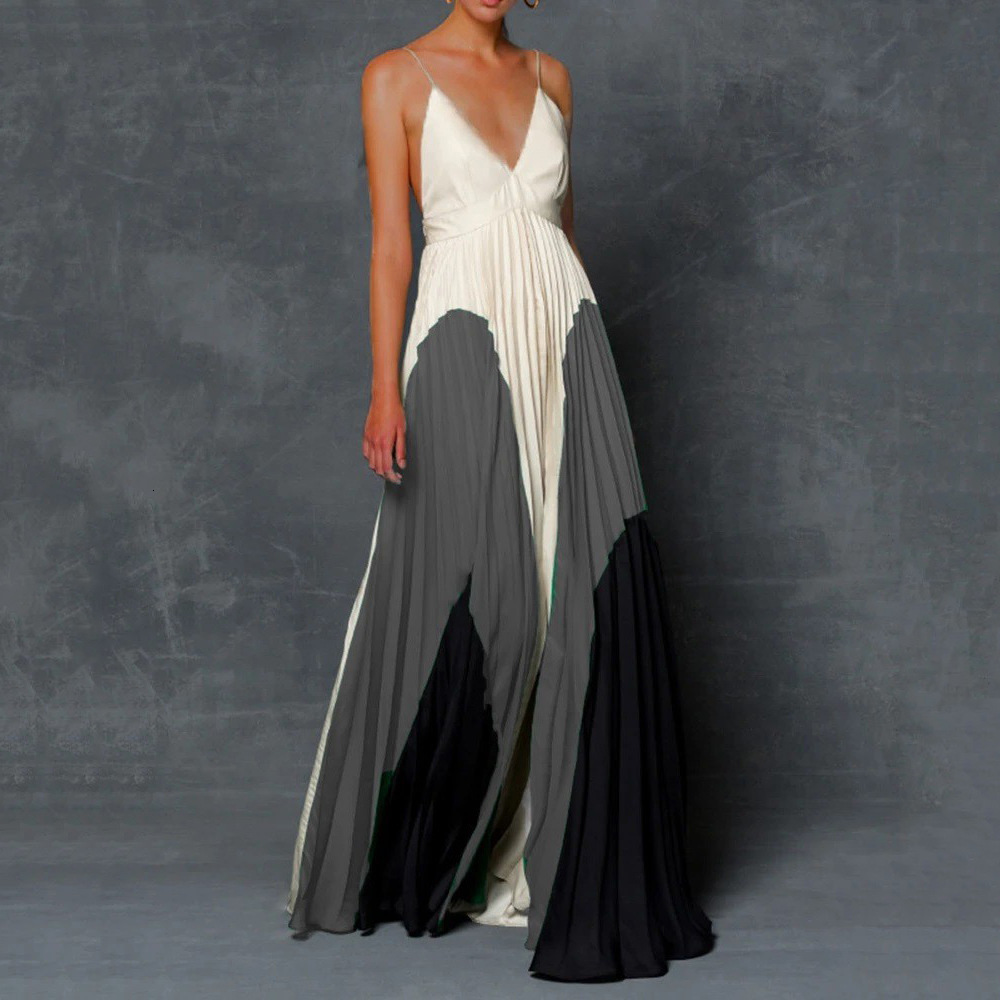 2025 Summer Womens Dress Slim Fit and Slimming Long Style Color Blocked Pleated Camisole Skirt Long Skirt