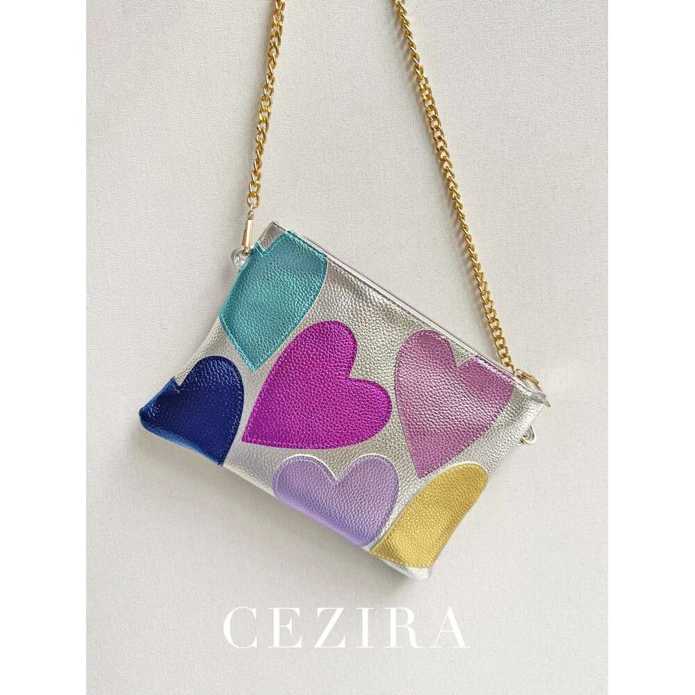 Design Colorful Metallic PU Leather Clutch Women Fashion Sweet Hearts Pattern Square Handbags Chain Crossbody Girls Purse