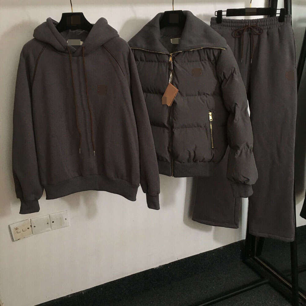 New M Home Warm Three Piece Set Leather Label Collar Coat Long Sleeve Hoodie Wide Leg Pants