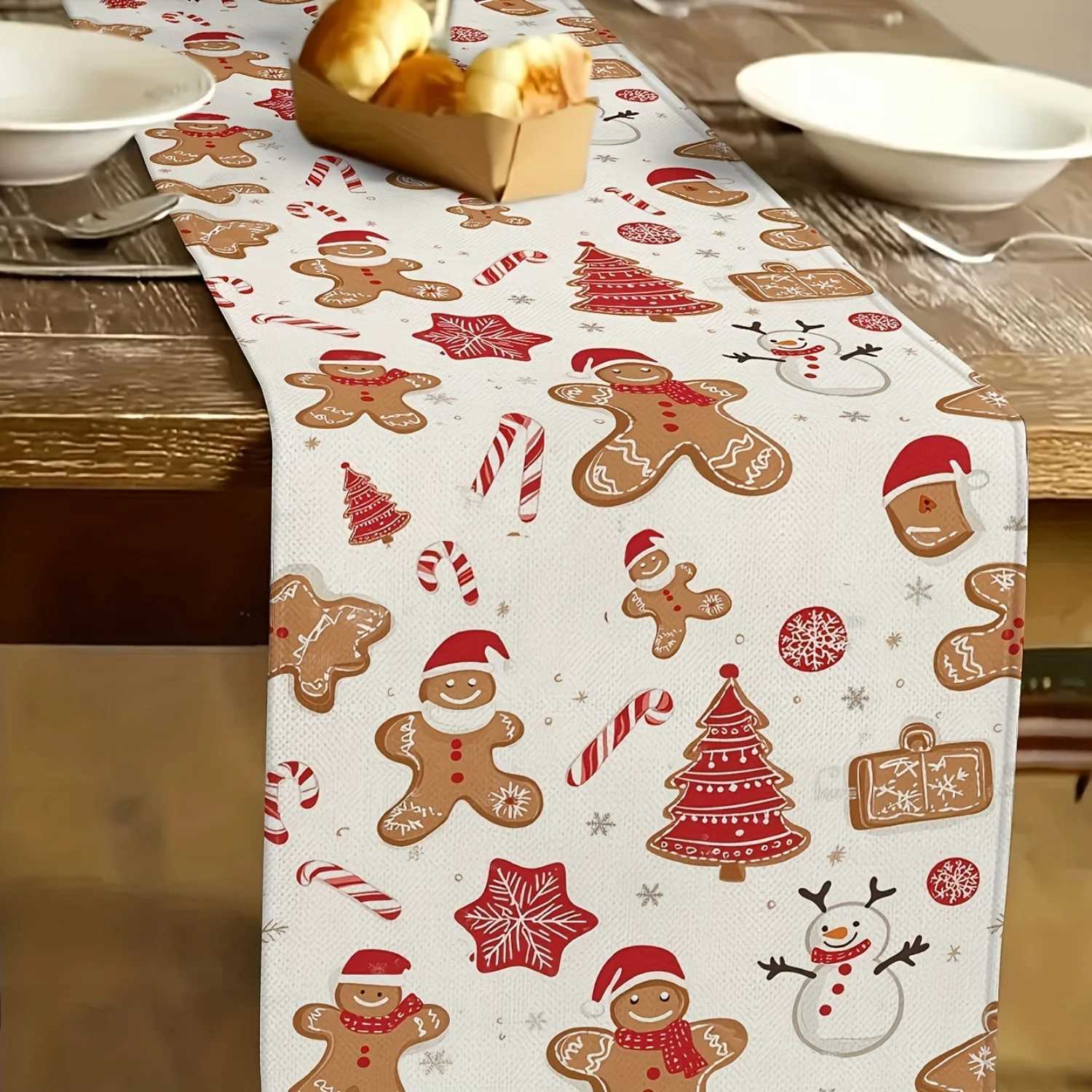 Christmas 1pc Christmas Table Runner with Gingerbread Design Polyester Material Machine Washable Multiple Sizes Available Y251113