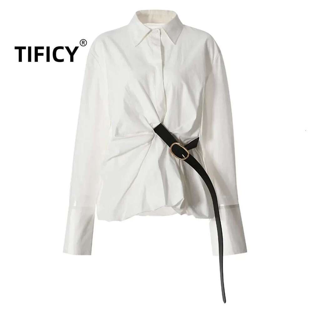 Spring New Women's Pleated Waisted Shirt With White Casual Design And Fashionable Waist Belt Mid Length Blouses Top