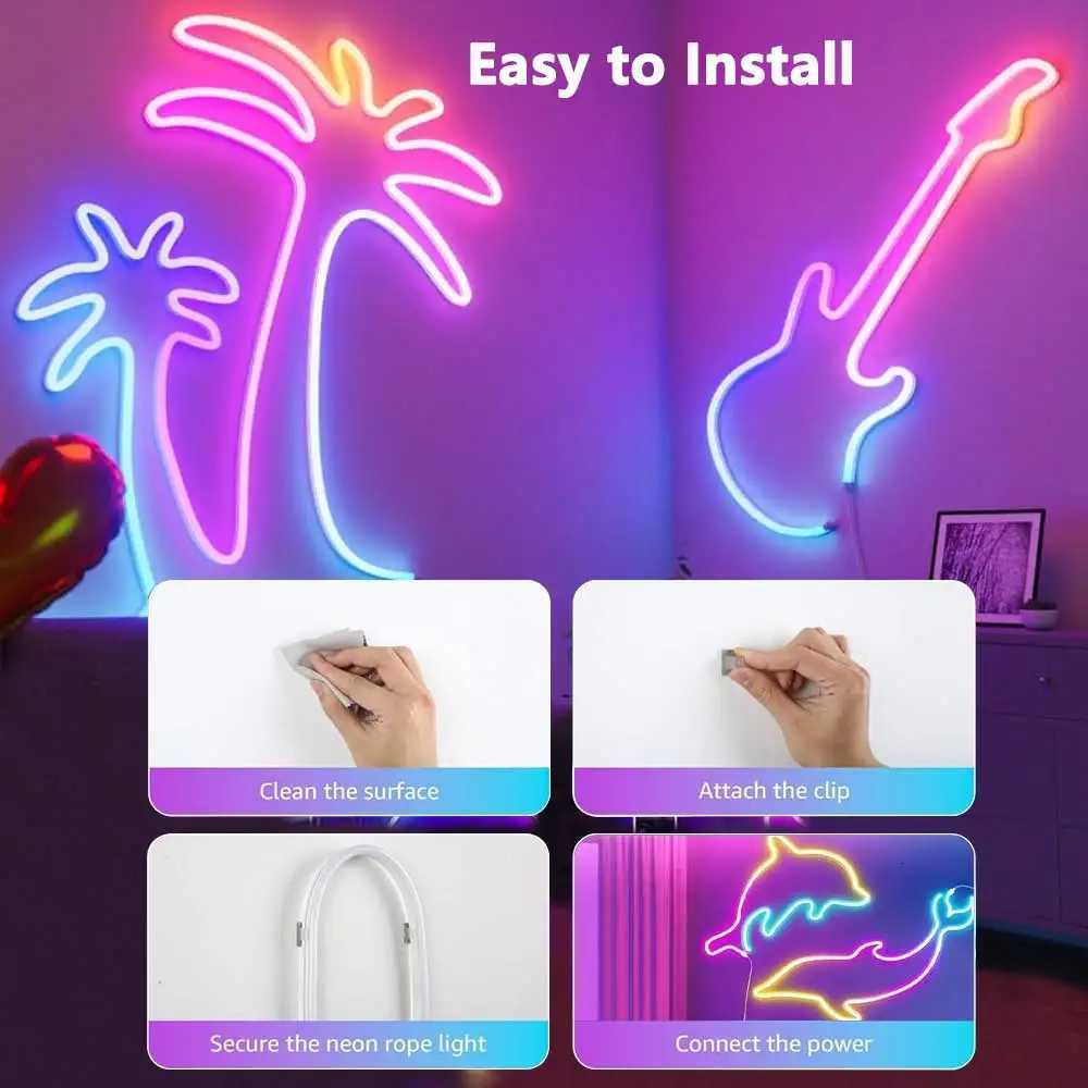 TUYA Neon LED Strip Lights 5V Neon Rope Light 72LEDs/M Silicone with Music Sync RGBIC Dreamcolor Chasing Strip Tape for Room W251112