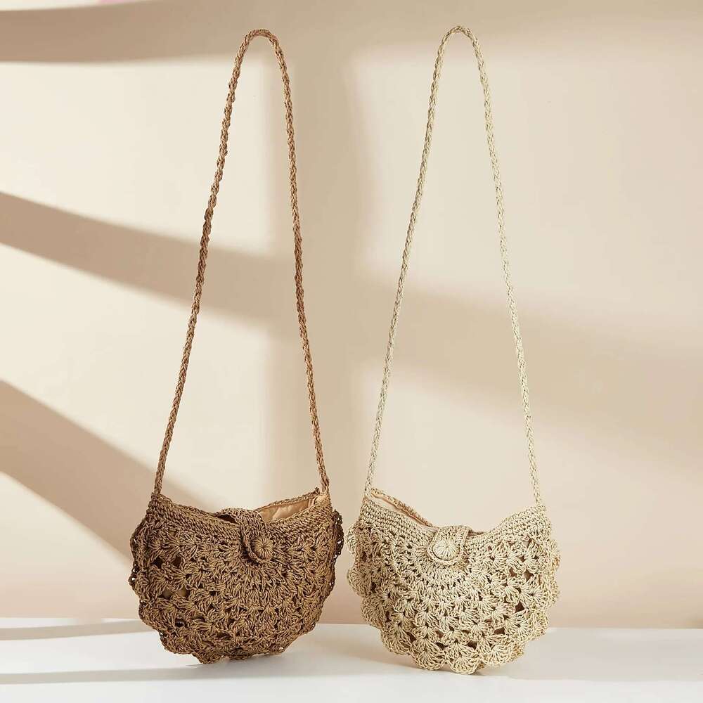 Single Shoulder Diagonal Cross Grass Beach Bag, Fan Wer Handmade Woven Mobile Phone Semi-Circular Bag