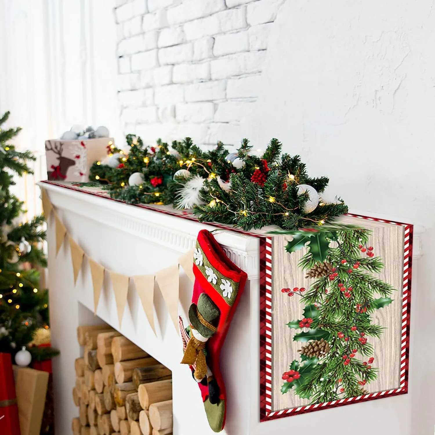 Christmas Festive Christmas table flag Pine Holly Berries Decor New Year home party decoration Y251113