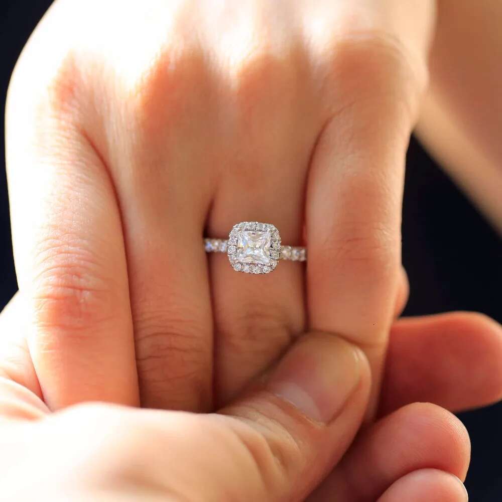 7.0mm 2.0ct Carat Elegant DEF Color Princess Halo Engagement Wedding Moissanite Diamond Ring For Women Real 14k 585 White Gold