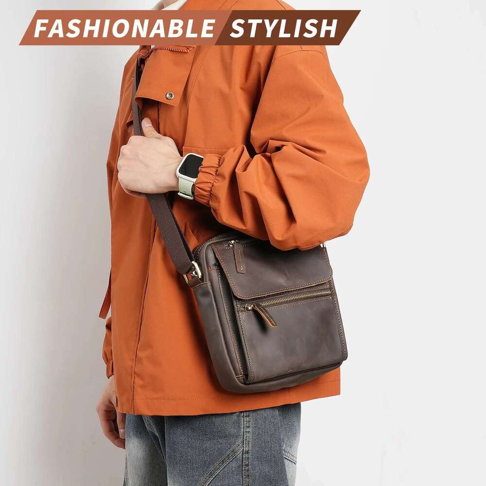 YATBEST Men's Large Capacity Multi Pocket Leather Single Shoulder Crossbody Commuter Retro Travel Bag