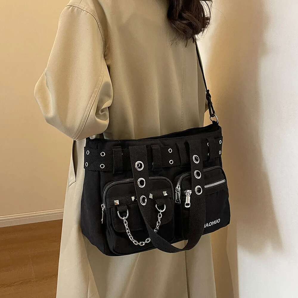 Women Rockabilly Shoulder With Chain Canvas Gothic Satchel Zipper Closure Punk Style Sg Female Outdoor Bag