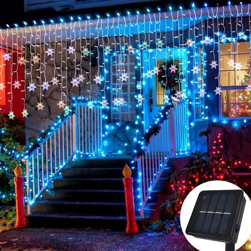 Snowflake Garland Christmas Lights Outdoor 2025 Led Icicle Curtain Garlands 9M 162LEDs Solar Power Waterproof IP44 New Year Xmas M251113