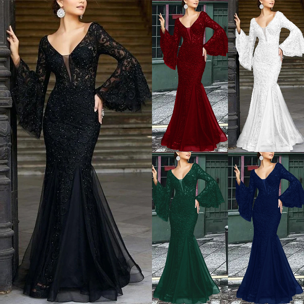 2025 New Womens Dress Lace Embroidered Fish Tail Black Slimming Evening Dress