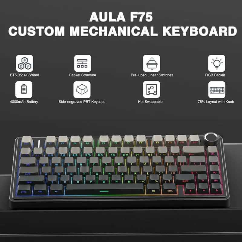 AULA F75 Gaming Mechanical Keyboard RGB Customized 75 Layout Side-engraving Gasket Mounted 80keys PBT Gradient Keycaps keyboard L251113