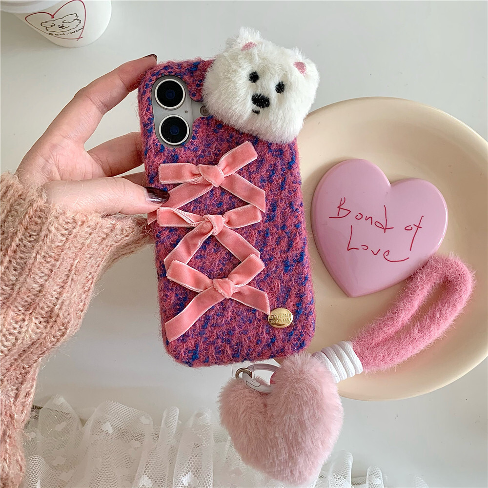 Bowknot Plush Dog Phone Case Compatible with iPhone 16/15 Pro Max Love Bracelet iPhone 14/13/12 Pro Cartoon