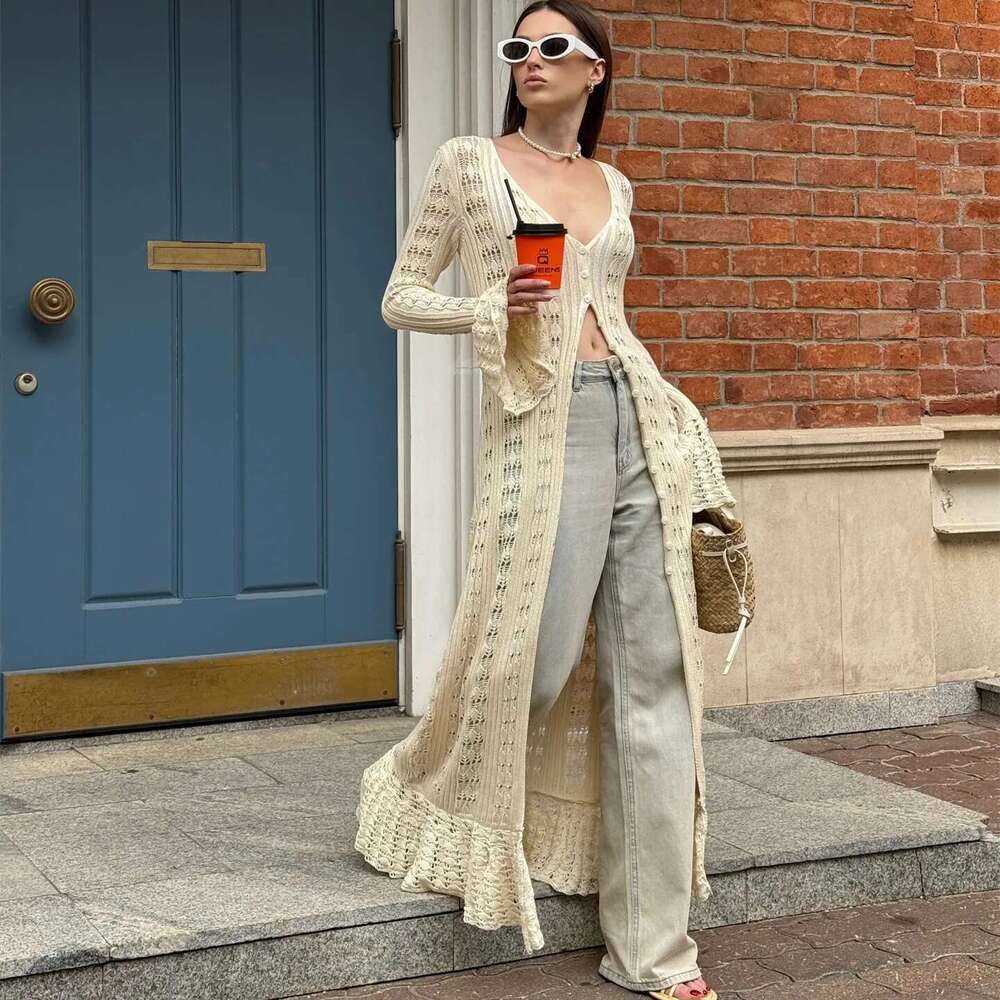 Hirigin Button Front Sleeve Sheer Open-Knit Long Cover-Up Jacket Women Autumn Beach Vacation Outfit Maxi Cardigan