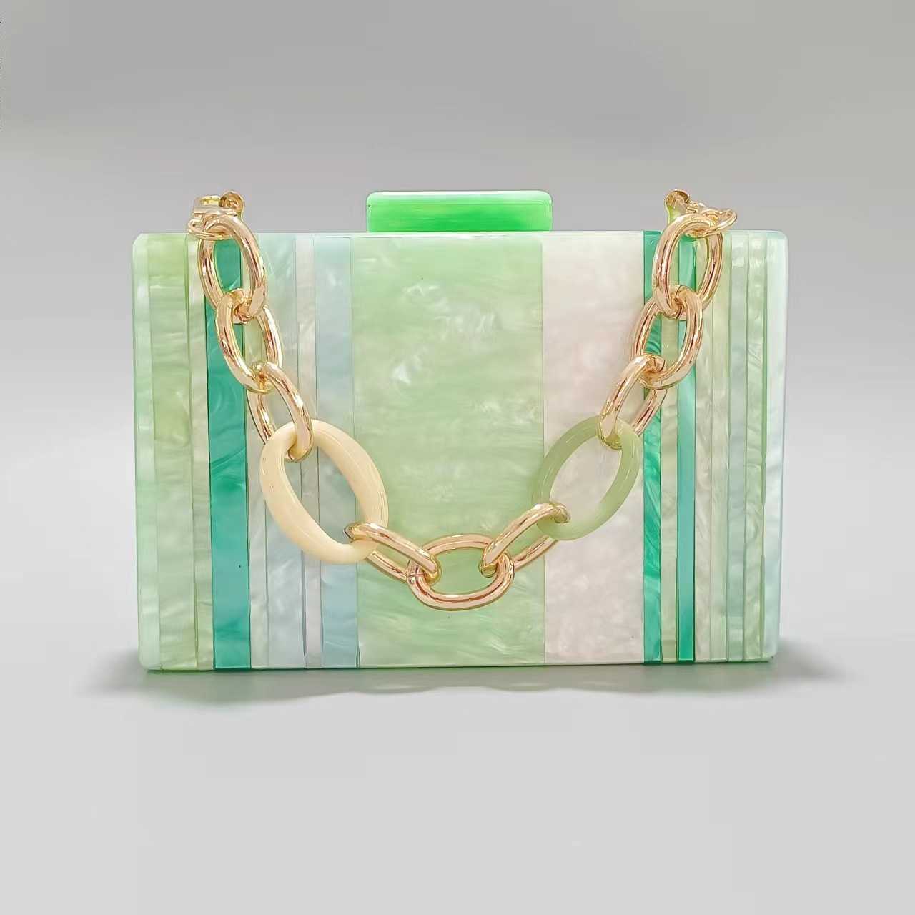 Womens New Contrast Color Spliced Acrylic Handbag Wedding Dinner Chain Crossbody Bag