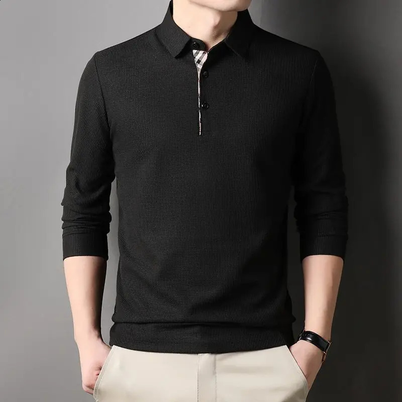 Mens fashionable long sleeved solid casual polo shirt spring and autumn loose street clothing mens lapel plain weave business office top 250409