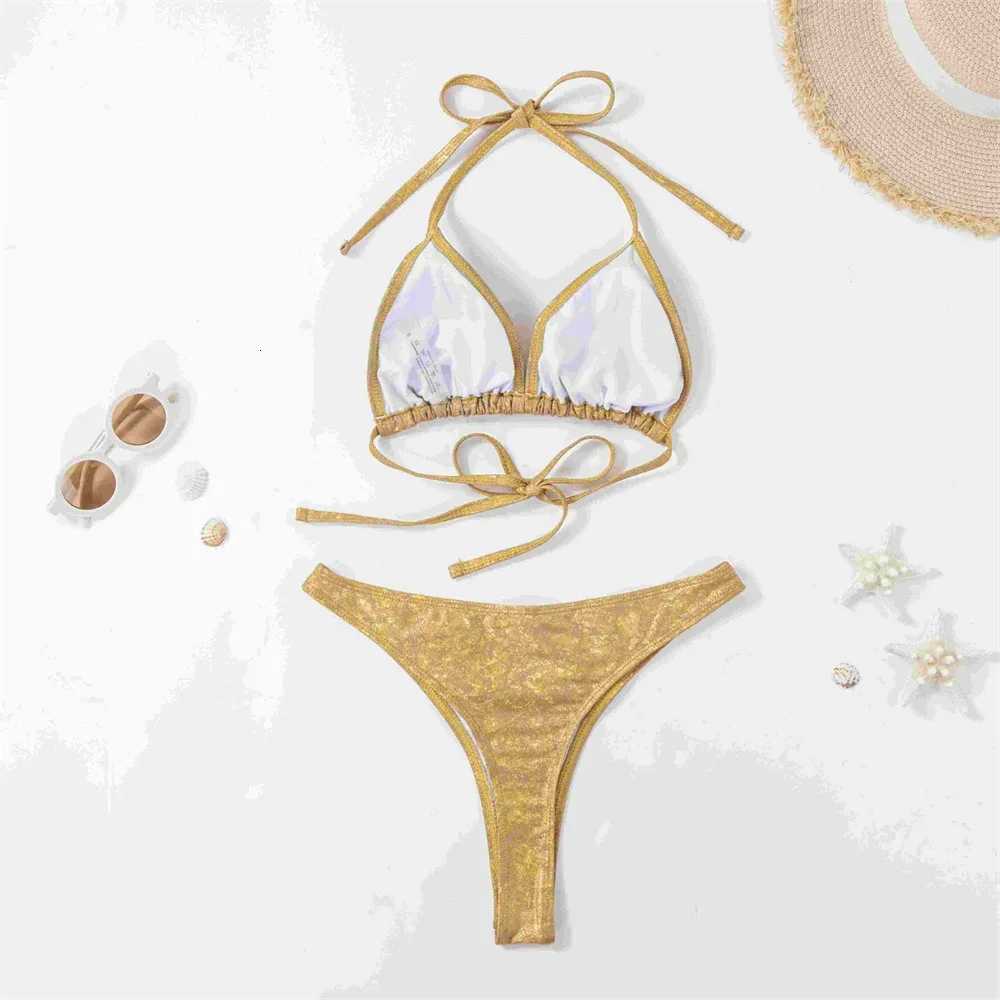 Golden Bikini Thong String Swimsuit Swimwear Women 2025 Trend Luxury Two Piece Bathing Swim Suit Brazilian Beach Vacation OutfitW251113