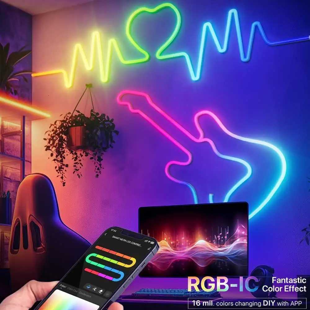 TUYA Neon LED Strip Lights 5V Neon Rope Light 72LEDs/M Silicone with Music Sync RGBIC Dreamcolor Chasing Strip Tape for Room W251112