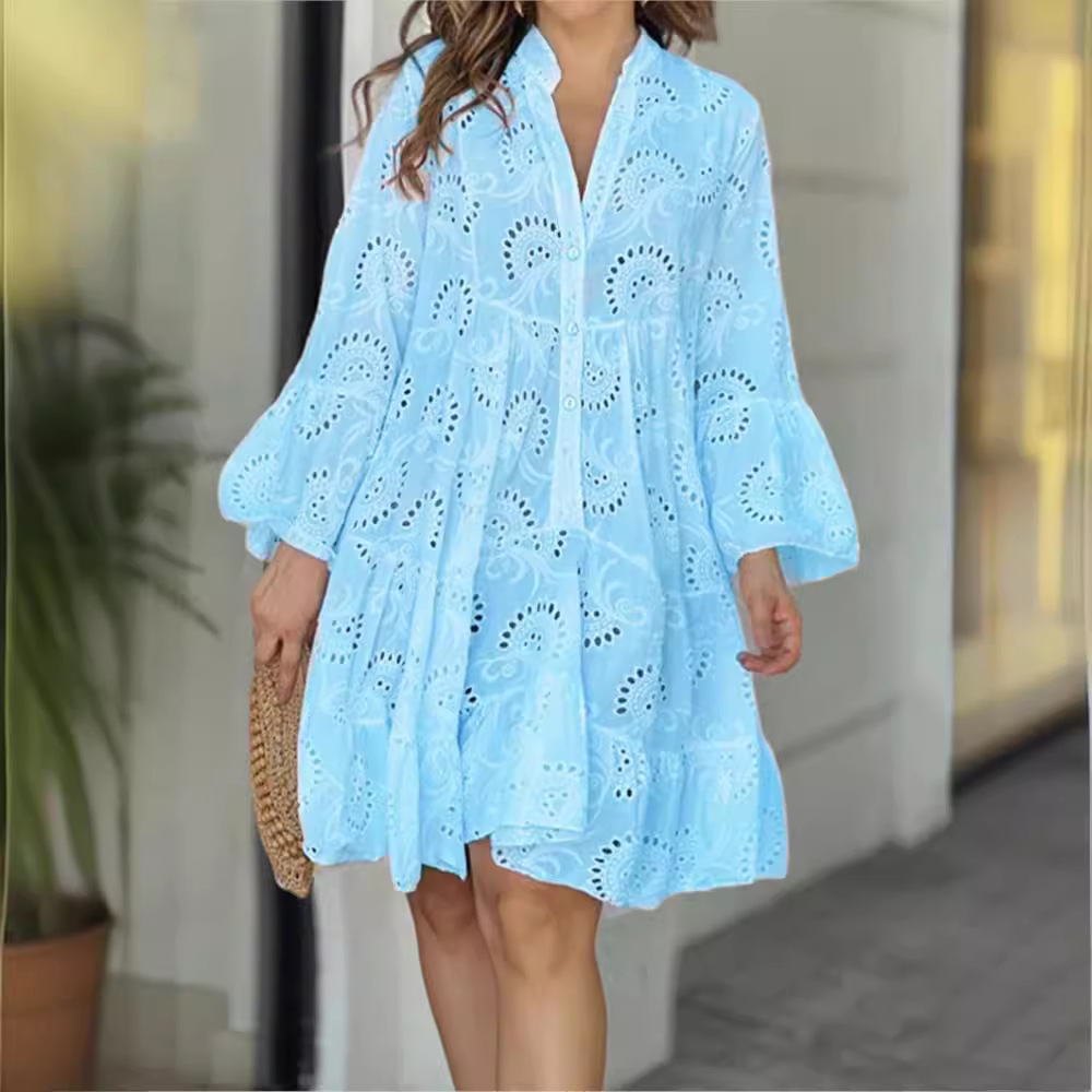 F410Embroidered Floral Sexy Dress in Summer Colors - Comfortable V-Neck Style