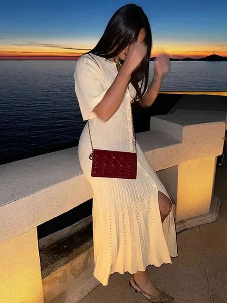 Chic Patchwork Knitted Maxi Dress For Women Elegant Short Sleeve Hollow Out Ribbed Long Dresses O-Neck High Waist Lady Knitwear