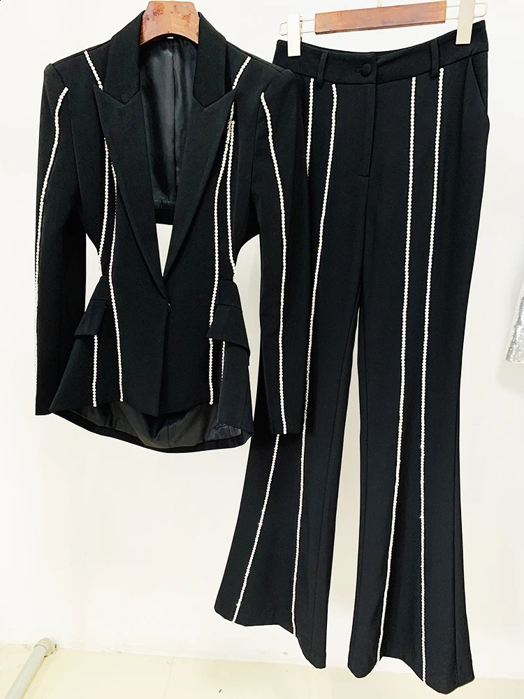 High Street est Fashion er Set Womens Single Button Hollow Diamond Bead Trail Blazer Flash Pants Set 250410