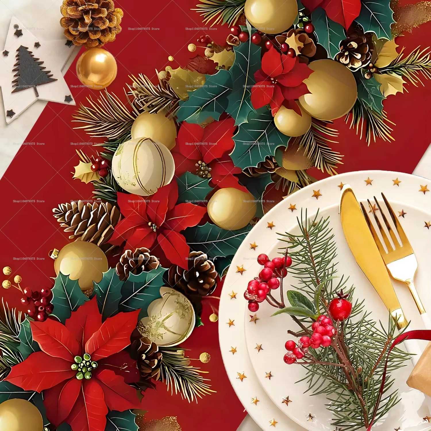 Christmas Christmas Red Leaf Golden Ball Polyester Table Runner Xmas Holiday Poinsettia Gold Ball Table Flag New Year Gift 2026 Y251113