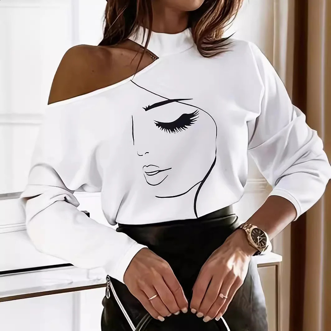 Elegant solid fashion Oneck shoulder long sleeved Tshirt for womens autumn white top sexy hollow 250407