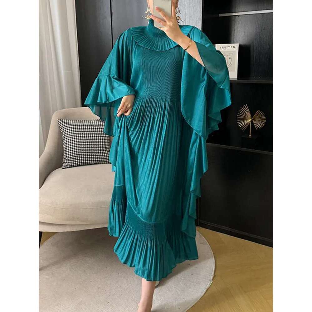 Miyake Pleated Long Party Dress Fashion Elegant Ruffles Spliced Batwing Sleeves Loose Solid Color Dresses 2024 Autumn New