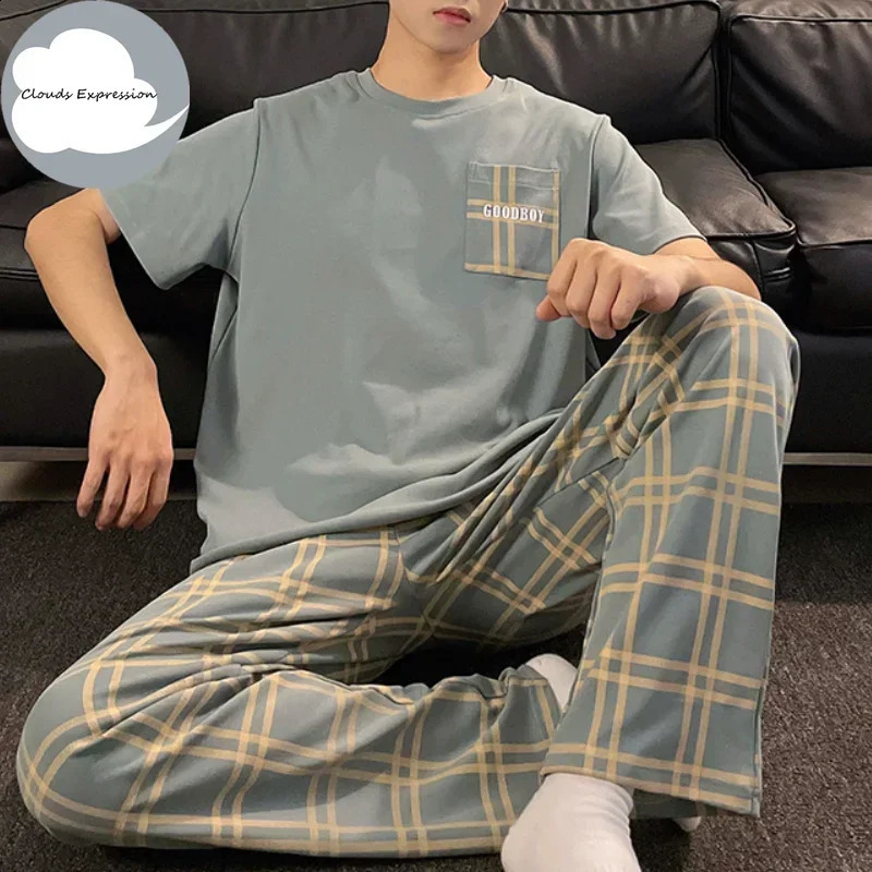 Summer Knitted Plaid Cool Mens Pyjamas Pajamas Casual Pjs Lounge Sets Masculine Sleepwear Nightwear Pijamas 3XL Homewear Fashion250403