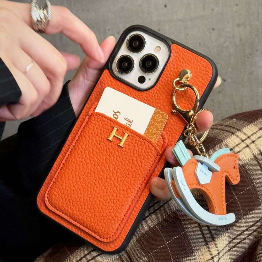 New Card Slot + Rocking Horse iPhone 17 Lychee Texture Genuine Leather Feel Compatible with Samsung S25 Protective Case