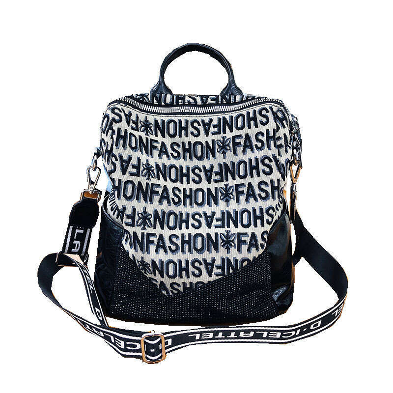 Backpack 17-43 Kuerduo Canvas Backpack for Women Alphabet Embroidered Hot Diamond Commuter Backpack, Niche Travel Bag