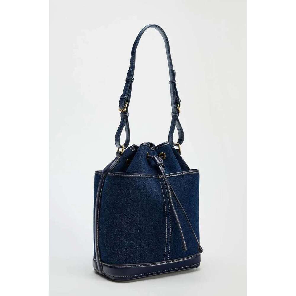 Vintage Denim Bucket Designer Canvas Women Shoulder Bags Drawsting Panelled Crossbody Bag Small Tote Shopper Purses