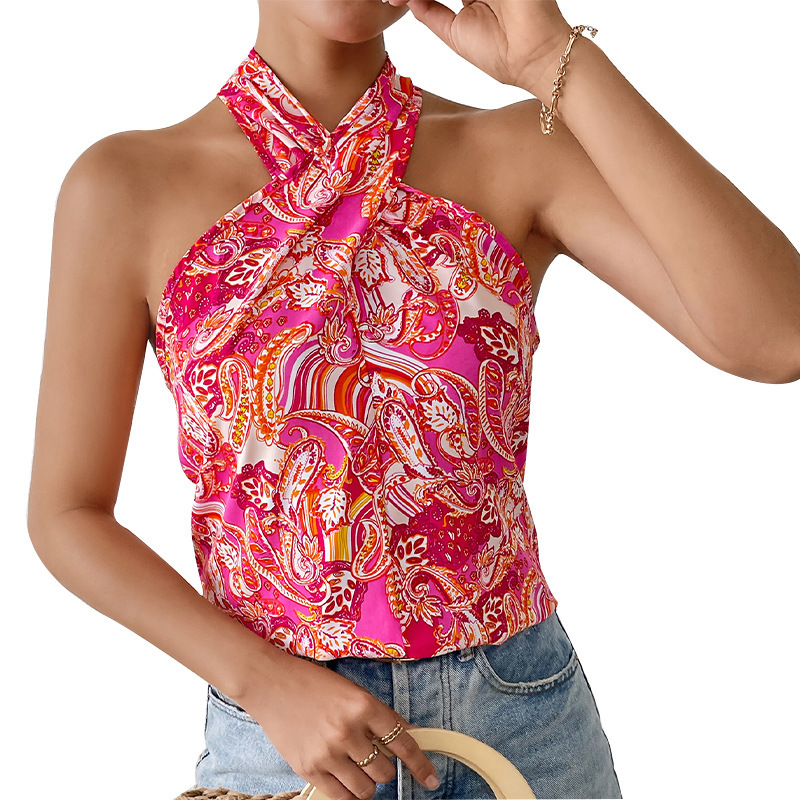 Stylish and sexy colored camisole for summer vacation sleeveless cross neck top